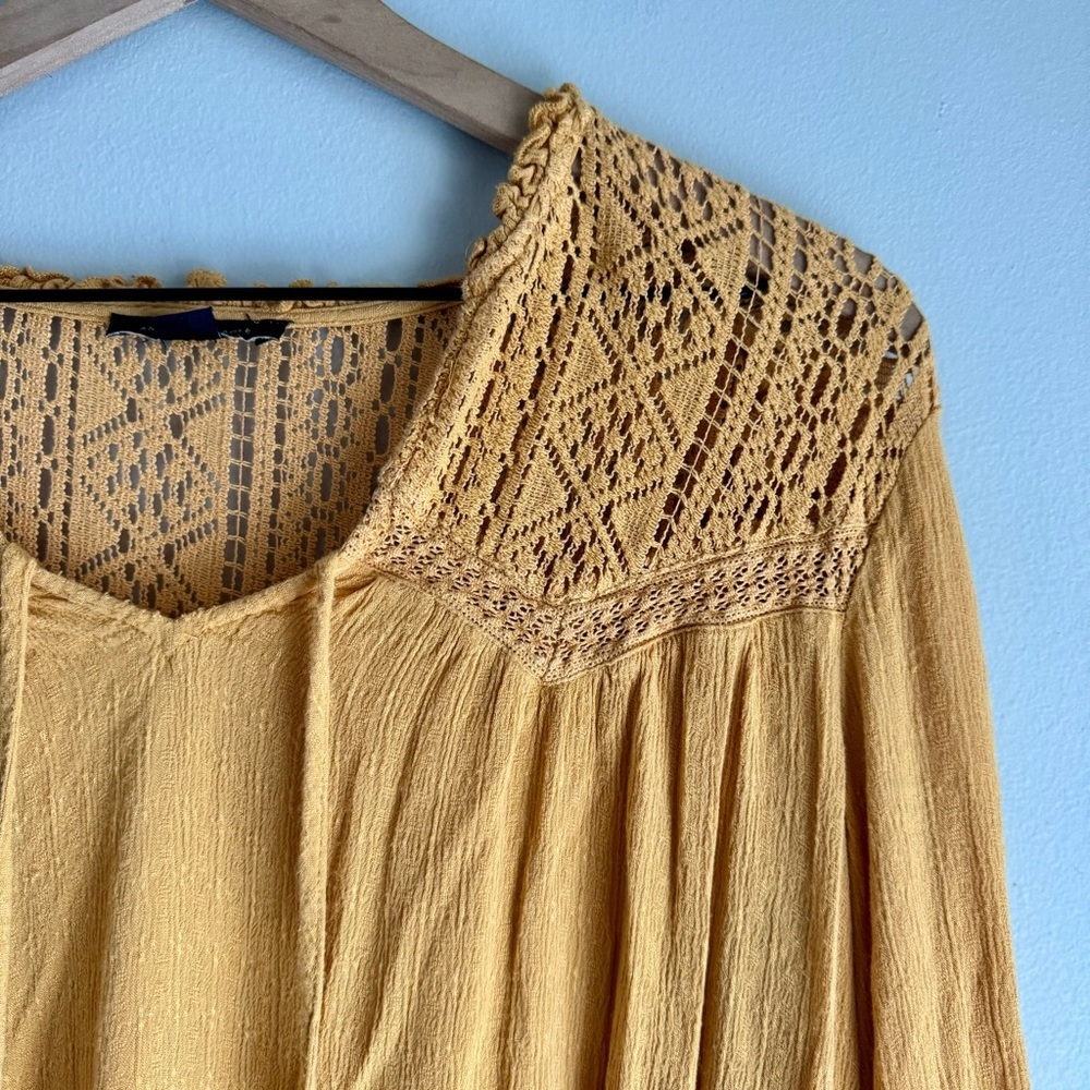 American Eagle Yellow Lace Inset Long Sleeve Boho Tunic Blouse Size Small - Picture 4 of 9